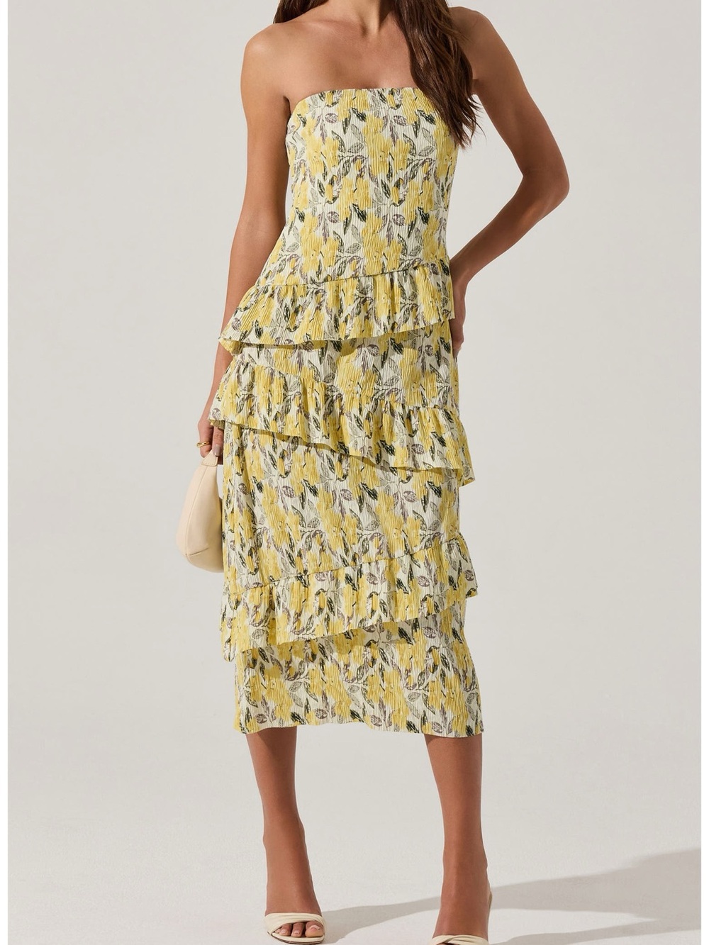 ASTR The Label Plissé Floral Strapless Tiered Midi Dress M Yellow